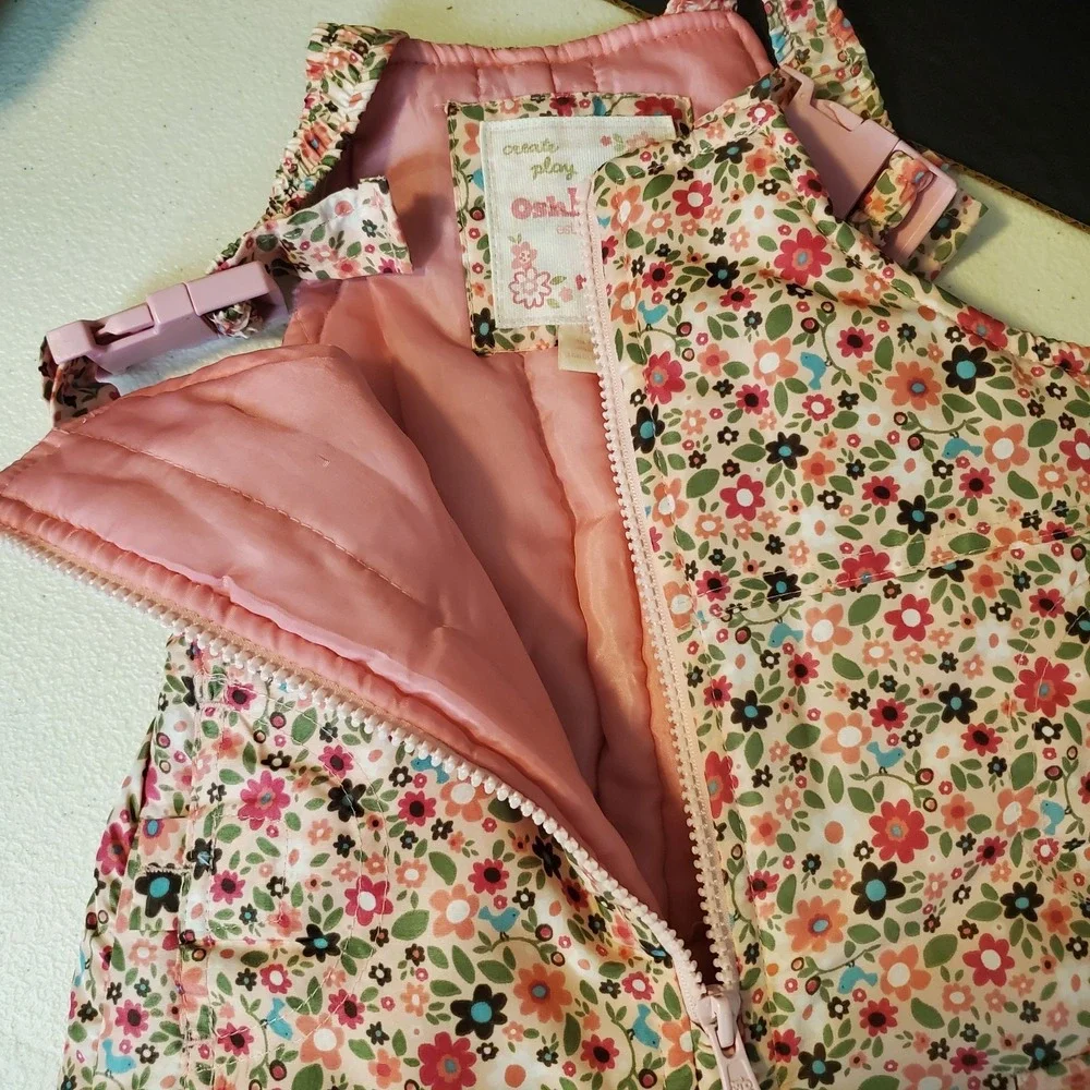 OshKosh‎ B'Gosh Bib Overall Snow Pants Pink Flowers Mini All-Over Floral Sz 12M